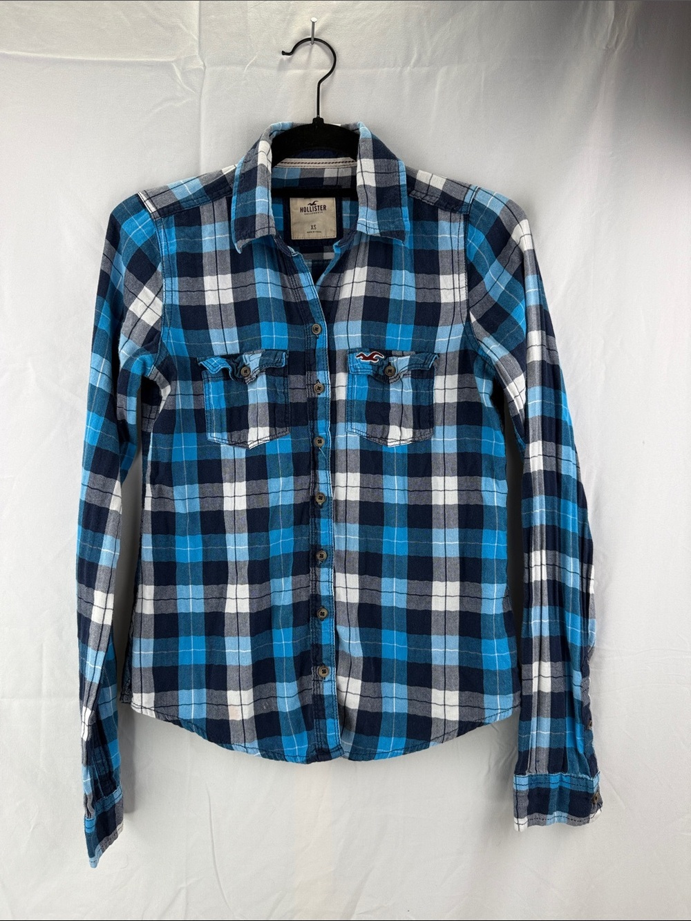 Hollister Women’s Juniors Size XS Cotton Blue and White Plaid Long-Sleeve Shirt